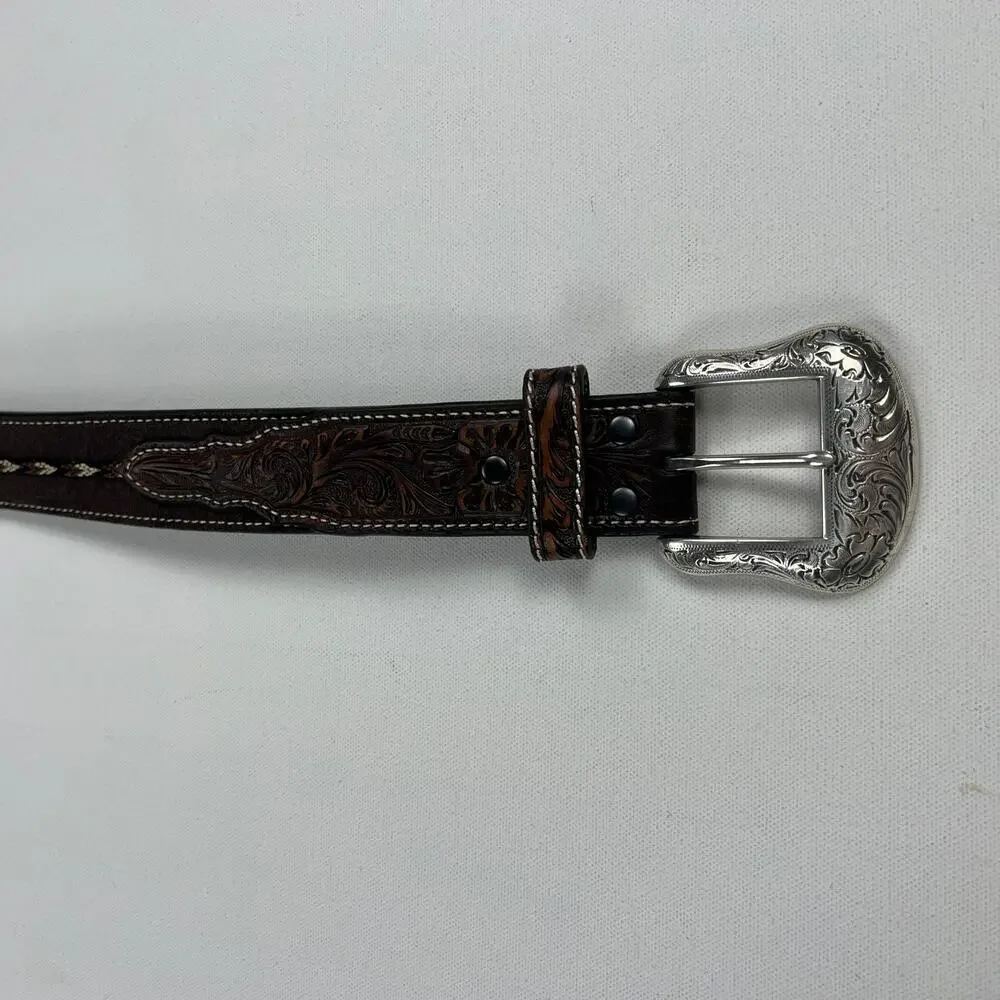 Ariat Tooled Leather Western Embroidered Belt Large Silver Buckle Size 44